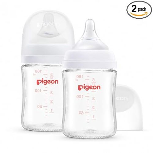 Pigeon Glass Nursing Bottle Wide Neck, 5.4 Oz (Pack of 2), Includes 2pcs SS Nipples (0m+)