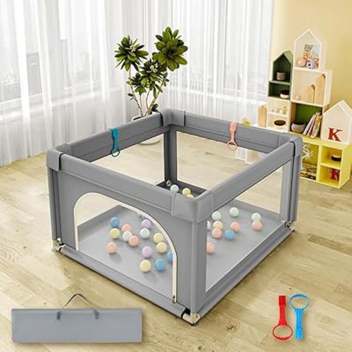 Baby Playpen, Play Pens for Babies and Toddlers, Mini Baby Fence Play Area,Safe Anti-Fall Play Yard with Gates, Small Playpen for Babies with Breathable Mesh, with Pull-Up Ring(Grey, 36" x36")