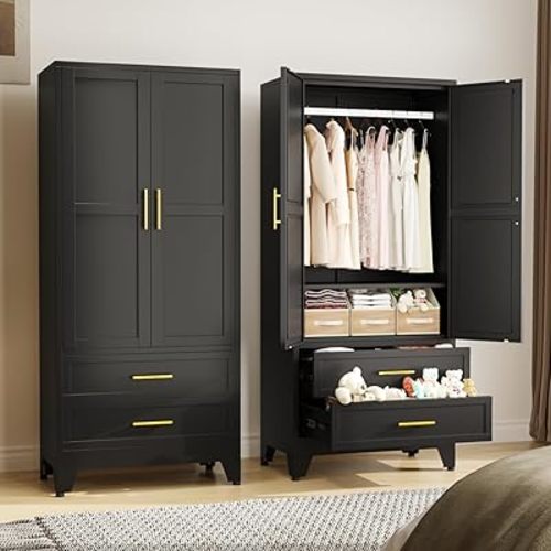 Metal Armoire Wardrobe Closet, 71 "Metal Clothing Storage Cabinet with Adjustable Shelves and Hanging Rod, Household Steel Wardrobe Storage Cabinet with Drawers (Armoire-Black)