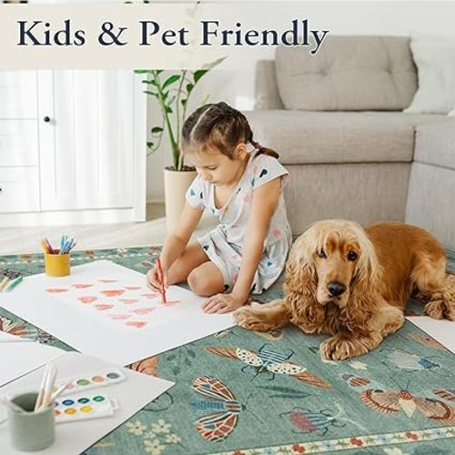 Insect Washable Area Rugs 5x7, Soft Green Rug for Living Room Ultra-Thin Non-Shedding Modern Bedroom Rug, Stain Resistant Throw Rug Large Carpet for Dining Room Kids Nursery(5'x7',Green)