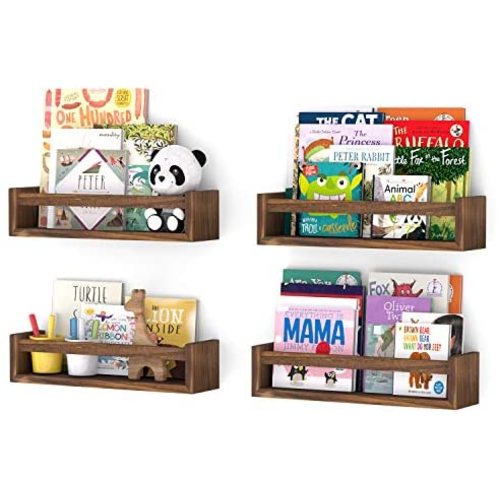 Wallniture Utah Nursery Bookshelf Set of 4, Floating Shelves for Kids Room Decor, Wood Wall Shelves (Burnt Wash Brown)