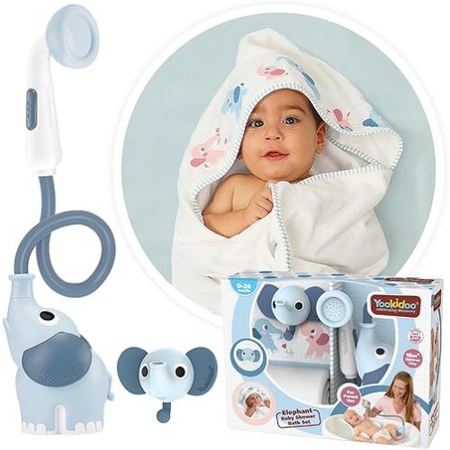 Yookidoo Baby Bath Elephant Shower Head Gift Set - Includes Hooded Towel & Hanger - Control Water from 2 Elephant Trunk Knobs for Max Fun in Tub or Sink Newborns, Toddlers, Boys, Girls (Cloudy Blue)
