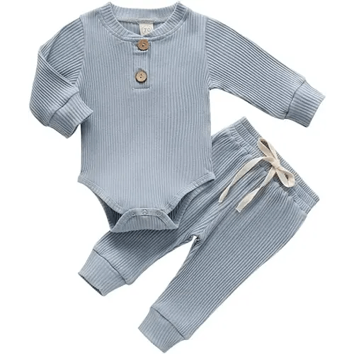 Baby Boys Girls Clothes Newborn Ribbed Outfits Infant Unisex Pants Set Solid Cotton Button Tops Fall Winter Sweatsuit - 3-6 Months - A- Blue Long