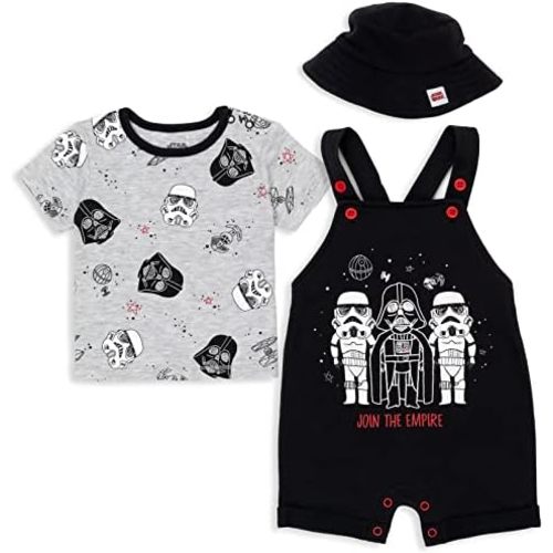 STAR WARS Chewbacca R2-D2 Yoda Baby French Terry Short Overalls T-Shirt and Hat 3 Piece Outfit Set Newborn to Infant