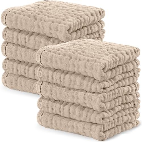 Comfy Cubs Muslin Baby Washcloths 10 Pack - Soft 6-Layer Cotton Wash Cloths for Sensitive Skin - 10"x10" Large, Gentle, Absorbent Infant Essentials for Newborn and Toddlers - Sand