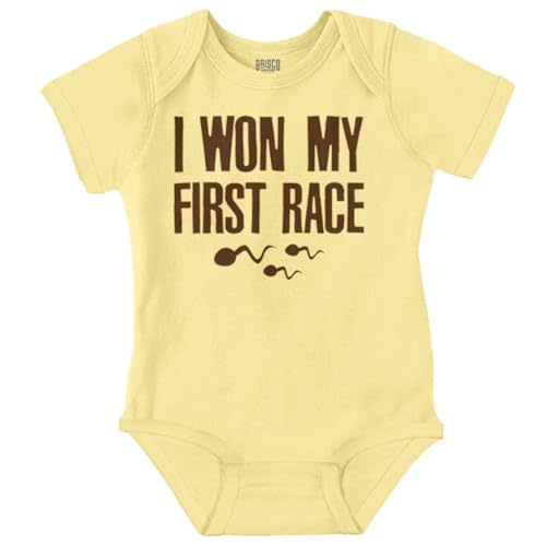 Brisco Brands Funny I Won My First Race Joke Baby Romper Boys or Girls
