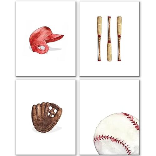 JINYO Baby Boy Baseball Nursery Wall Art Prints Set of 4, Baseball Room Decor, Sports Supplies Wall Decor Posters Pictures for Boys Kids Bedroom Playroom Nursery, 8x10 Unframed