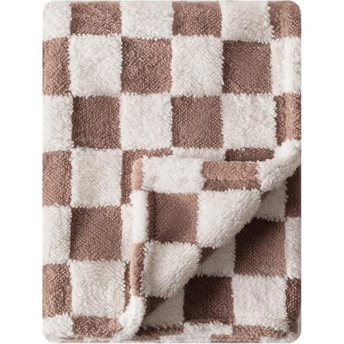 Checkered Baby Blanket Neutral Ultra Soft Baby Blanket Fuzzy Cozy Baby Blankets Warm Comfort Reversible Baby Bed Blanket for Toddlers Infant or Newborn (Brown)