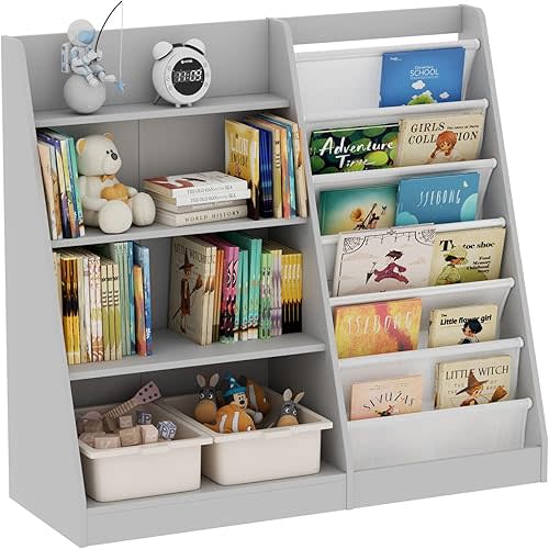 Gray Kids Bookshelf for Nursery Toddler Baby Sling Book Rack Adjustable Shelf Children Bookcase for Classroom Playroom Bedroom Décor Toy Magazine Book Storage Organizer 4 Tier Boy Girl’s Gift
