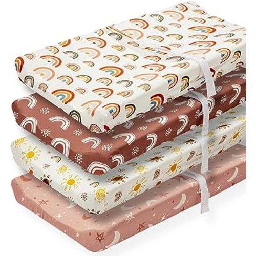 4 Pack Changing Pad Cover Boho Nursery Sheets Sunshine and Rainbow Desdign Neutral Unisex Fitted Baby Changing Pad Cover Sheets for Baby Boys or Girls (Changing Pad Cover)