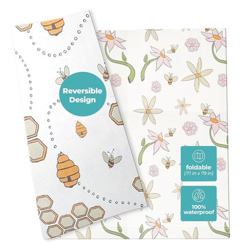Extra-Large Baby Play Mat, Waterproof Foam, Non-Toxic & Foldable, for Tummy Time, Crawling & Toddler Play, Indoor & Outdoor Use, 79"x71", Flowers and Bees Design