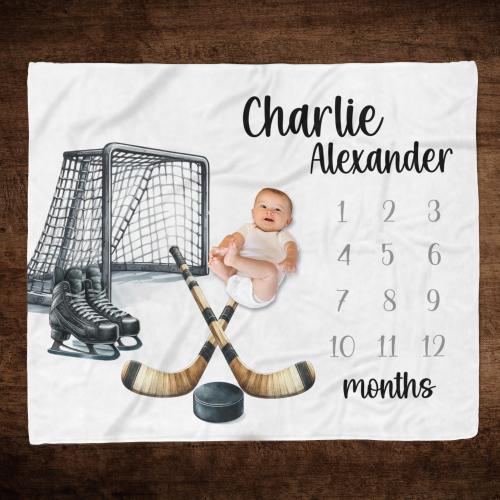 HOCKEY BABY MILESTONE Blanket, Baby Boy Ice Hockey Month Milestone Blanket, Newborn Boy Gift, Hockey Theme Baby Shower Gift, Hockey Blanket