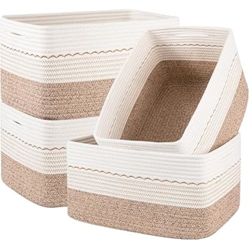 OIASKET 4 Pack Storage Baskets for Organizing, 15.75''x11.8''x7.87'', Decorative Cotton Rope Baskets for Shelves, Small Woven Basket for Toys, Books and Towels, Brown&White