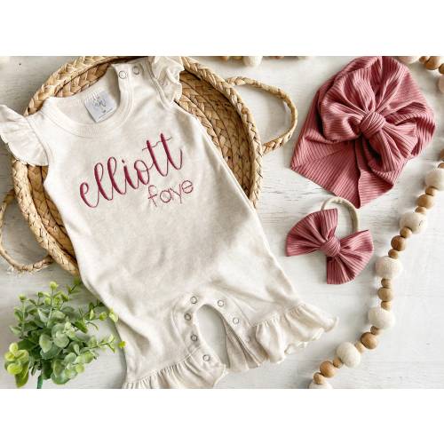 Personalized baby girl romper, vintage floral infant coming home outfit, baby shower gift, newborn outfit ruffle flutter, custom name