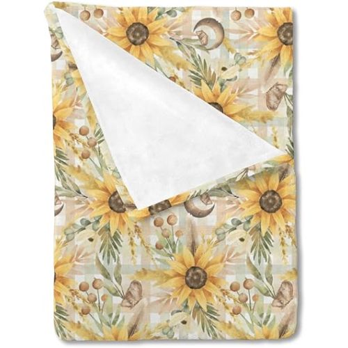HawSkgFub Fall Sunflower Boho Buffalo Plaid Baby Blanket for Girls Gift, Nursery Autumn Flower Butterfly Flannel Fleece Bed Blankets, Soft Warm Newborn Infant Toddler Kids Crib Bedding 30 x 40