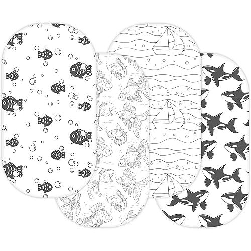 TansyPanda Bassinet Sheets for Delta Children Sweet Dreams, Slumber, Rocking, Deluxe Beginnings, Cloud Baby Bedside Bassinet, 3PC, 16 x 32, Ultra Soft, Breathable, Unisex Boys Girls, Gray (Ocean Fish)