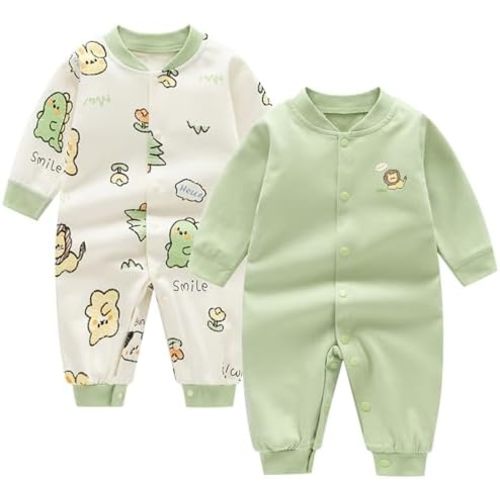 Newborn Baby Boys 2 Pack Cotton Romper Outfits Infant Long Sleeve One-Piece Toddler Button Jumpsuits