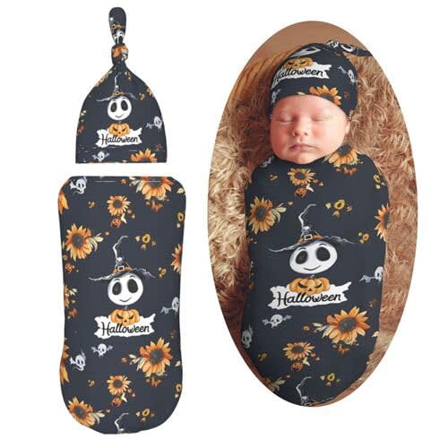 Halloween Pattern in Black Skulls Newborn Swaddle Blanket with Beanie Set Soft Baby Sleep Sack Stretch Adjustable Swaddle Wraps Receiving Blankets