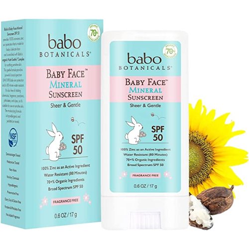 Babo Botanicals Baby Face Mineral Sunscreen Stick SPF 50 – with 70+% Organic Ingredients & Zinc Active – Water-Resistant & Fragrance-Free – 0.6 oz, 1-Pack
