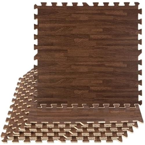 Foam Floor Tiles - 24sqft Wood Grain Interlocking Foam Tiles with Border - Foam Play Mat Playroom or Gym Flooring for Home Gym by Stalwart (Dark)