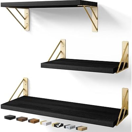 BAYKA Wall Shelves for Bedroom Decor, Floating Wall Shelves for Living Room Kitchen Storage, Wall Mounted Rustic Wood Floating Shelves for Kids Books, Corner Shelves for Bathroom, Office(Set of 3)
