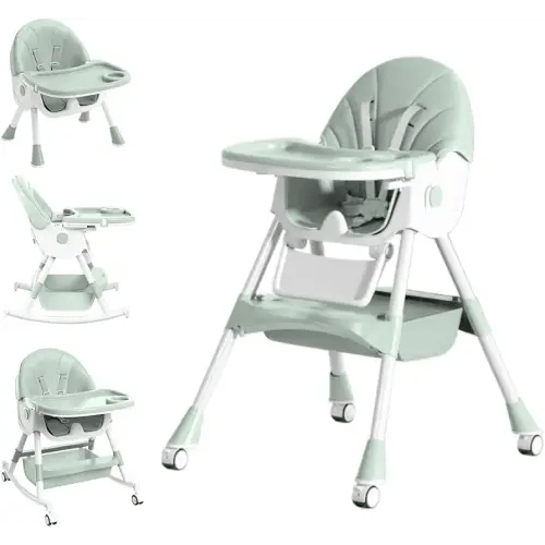 Baby High Chair, 5 in 1 High Chairs for Babies and Toddlers, Travel Foldable High Chair with Foot Rest, Detachable PU Cushion, Double Removable Tray, Adjustable Height & Recline, Locking Wheels