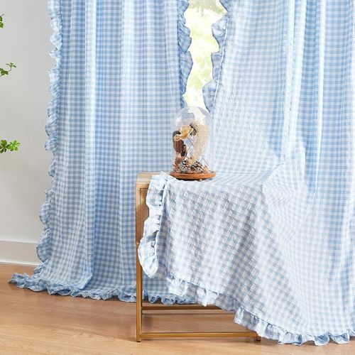 ZJDECOR Baby Blue Buffalo Plaid Ruffle Curtain Panels 84 Inches Long,Rustic Crinkled Not-See-Through Sheer Drapes,Shabby Chic Window Treatment for Bedroom Living Room,Rod Pocket,40" Wx84 L,Pack of 2
