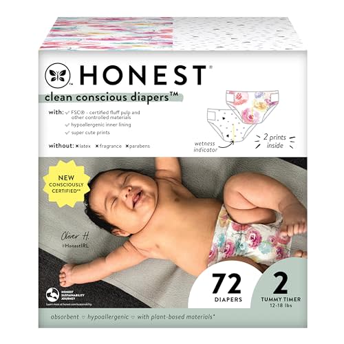 The Honest Company Clean Conscious Diapers | Plant-Based, Sustainable | Young at Heart + Rose Blossom | Club Box, Size 2 (12-18 lbs), 72 Count