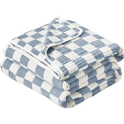 Ultra Soft Cozy 100% Cotton 6-Layer Muslin Baby Blanket 41"x41" Breathable Lightweight Checkered Swaddle Blankets for Baby Boys Essentials Birthday Gifts All Seasons Both Sides (Blue)