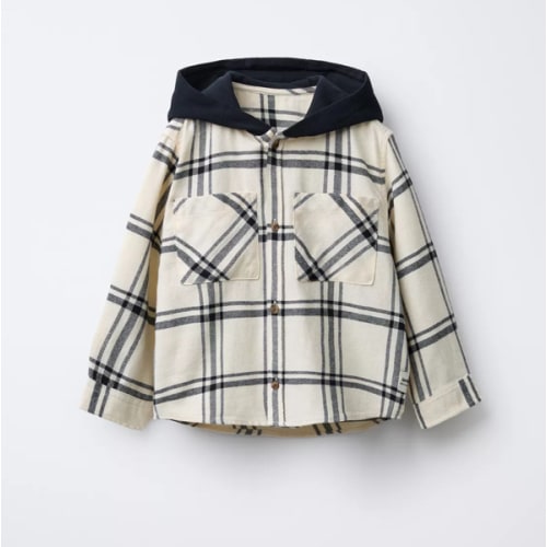 PLAID HOODED FLANNEL SHIRT - Ecru / Black | ZARA United States