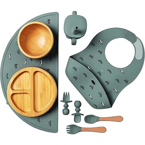 Bamboo & Silicone Baby Feeding Set 8 PCS | Baby Led Weaning Supplies Self Feeding | Divided Suction Plate Bowl Bib Sippy Cup with Straw Utensils Baby Bowls and Spoons Toddler Feeding Set (Pine Gray)