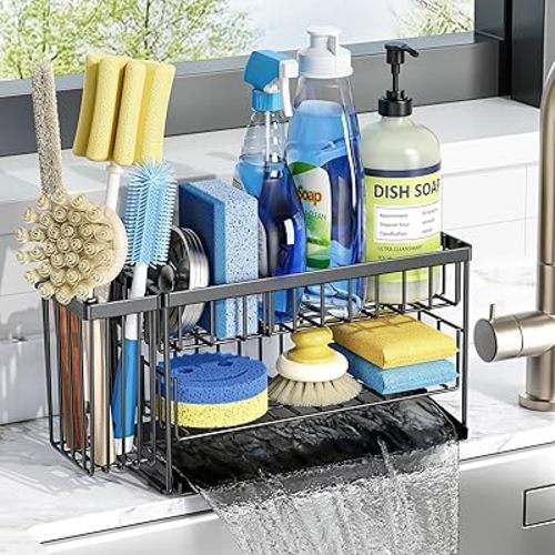 Cisily 2-Tier Kitchen Sink Caddy Organzier Rack with Flexible Dish Brush Holder, Sponge Holder for Kitchen Sink Countertop Organization Storage,Home Decor Accessories Essentials Stainless Steel