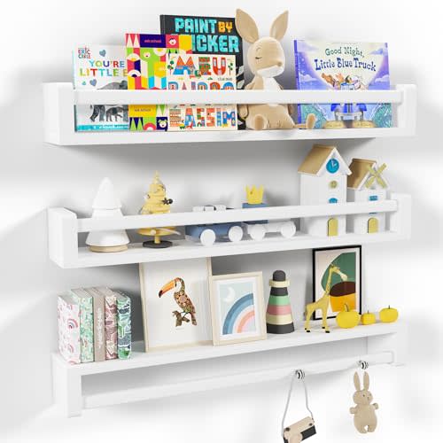 Heimlove Nursery Floating Shelves, White Nursery Book Shelves for Wall, 32 inch Wall Bookshelf for Kids Solid Wood Wall Mounted Shelves for Books,Toys and Decor Storage, Set of 3