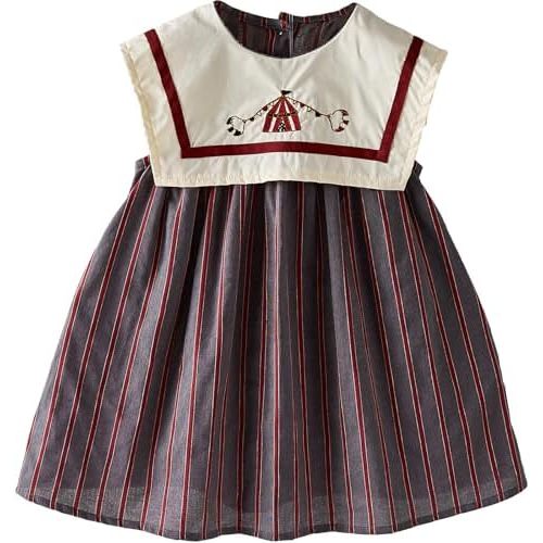 Baby Girls Sleeveless Navy Collar Striped Dress with Embroidery, 6 Months-12 Years, Summer Casual Style