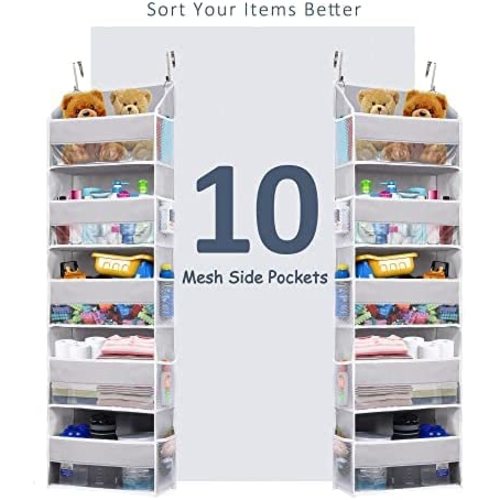 ULG 1 Pack Over Door Organizer with 5 Large Pockets 10 Mesh Side Pockets, 44 lbs Weight Capacity Hanging Storage Organizer with Clear Window for Kids Toys, Shoes, Diapers, Grey, 5 Layer