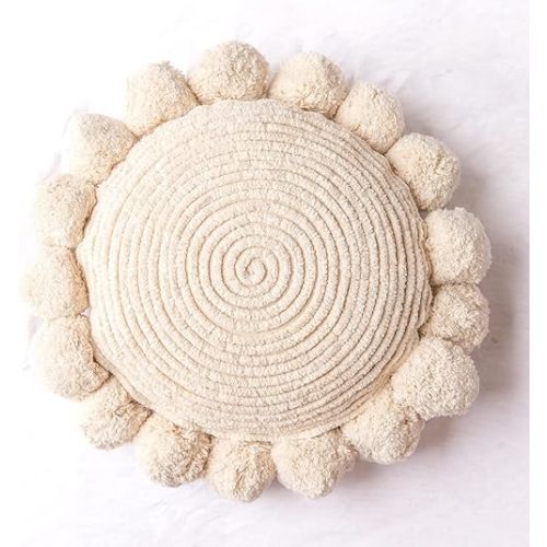 Banilla Bohemian Round Pillow Cover 12 Inch | 100% Cotton Decorative Pillow Hand Tufted with Chunky Textured Poms | Boho Throw Pillow for Bed or Couch | Natural White Throw Pillow Cover
