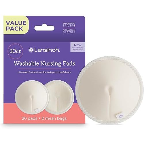 Lansinoh Washable Nursing Pads, Made with Organic Bamboo Viscose, Reusable Breast Pads for Breastfeeding with Wash Bag, Breastfeeding Essentials, 10 Count (Pack of 2)