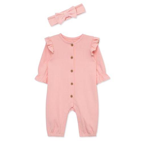 Little Me Simply Essential Solids 100% Organic Clothes for Baby Girls' Jumpsuit and Headband Set, 3 Months - 12 Months
