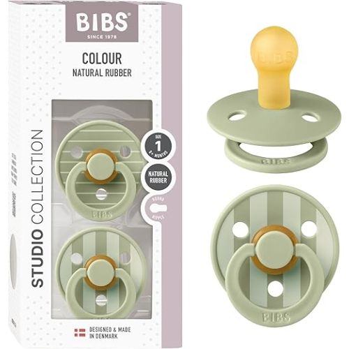 BIBS Pacifiers - Colour Studio 2 Pack | Round Nipple Baby Pacifier | BPA Free Natural Rubber Latex Soother | Made in Denmark | Size 0+ Months | Pin Sage