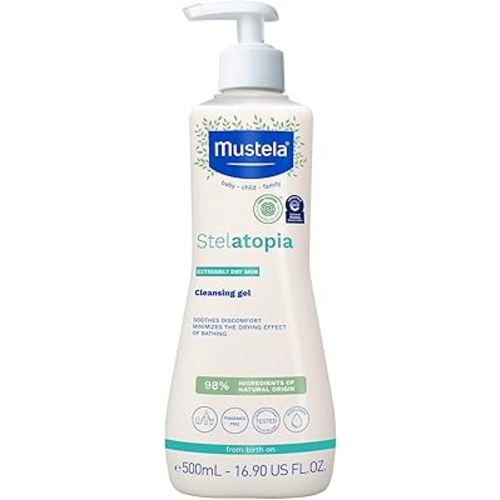 Mustela Stelatopia Eczema-Prone Skin Cleansing Gel - Baby Face & Body Wash with Natural Avocado & Sunflower Oil - Fragrance-Free & Tear Free - 16.9 fl. oz.