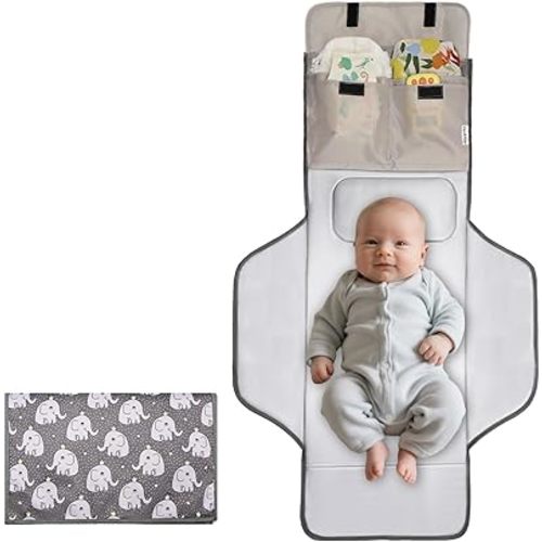 Extra Long Large Lightweight Portable Diaper Changing Mat with Storage Pockets, Waterproof Foldable Travel Changing Pad,On The Go Wipeable Reusable Changing Pad for Car, Diaper Bag (Elephant)