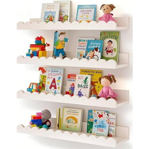 4 Pack Nursery Scalloped Shelf Wooden White Children's Room Bookshelf - Floating Wall Shelf, Suitable for Living Room, Bedroom, Kitchen, Etc. (16.5inch)