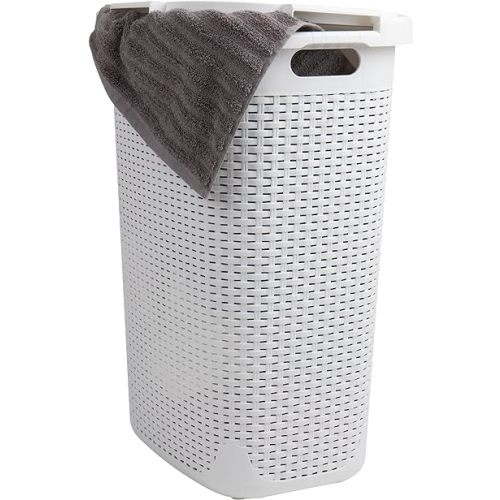 Mind Reader 60L Slim Laundry Hamper, Clothes Basket, Lid, Wicker Design, Plastic, 17.65"L x 13.75"W x 24.15"H, White