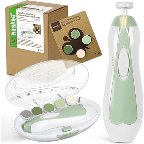 haakaa Baby Nail Trimmer Electric Baby Nail Clippers Kit for Newborn, Toddler or Adults Fingernails and Toenails Care, Baby Nail Care Set & Extra 4 Replacement Pads Combo - Meadow
