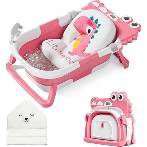 MoreFeel Collapsible Baby Bathtub for Newborn with Thermometer & 1 Hooded Towel & 1 Soft Floating Cushion,Portable Travel Bathtub with Drain Hole, Durable Foldable Baby Tubs for Infants to Toddler