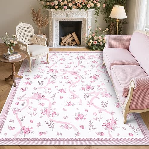 GarveeHome Valentine Pink and White Bow Rugs for Bedroom Girls, Washable Rug 5x7 for Living Room with Soft Low Pile, Floral 5x7 Pink Area Rugs for Dining Room Nursery Playroom Dorm Office Bow Decor