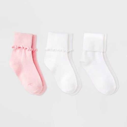 Girls' 3pk Turn Cuff Crew Socks - Cat & Jack™ Pink S