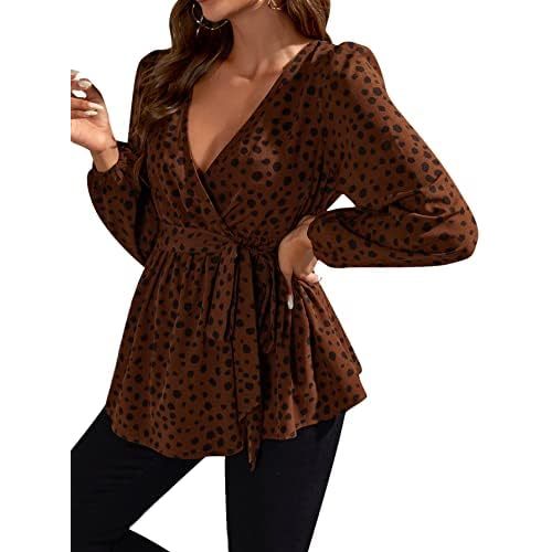 OYOANGLE Women's Maternity Top Elegant Dots Bishop Long Sleeve Nursing Wrap V Neck Belted Blouse Shirt Pregnancy Clothes