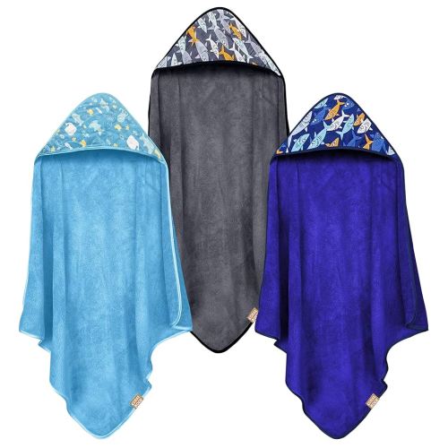 CORAL DOCK 3 Pack Baby Hooded Bath Towel Sets, Ultra Absorbent Baby Essentials Item for Newborn Boy Girl, Baby Bath Shower Towel Gifts for Infant and Toddler - Shark World
