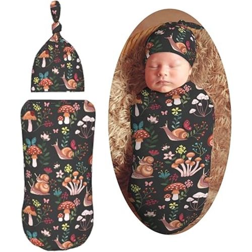 Mushrooms Snails Butterflies Newborn Swaddle Blankets Hat Sets Soft Baby Receiving Blanket Swaddle Sack for Baby Shower Infant Boy Girl Gift